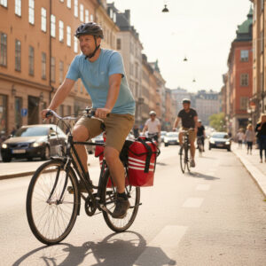 cykelväska på cykel man med cykelhjälm